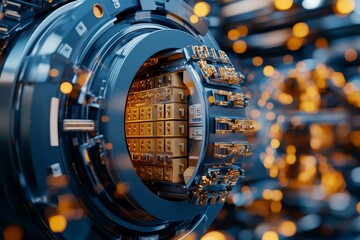 A massive open vault revealing gold bars and accompanied by bright lighting, symbolizing wealth, security, and cutting-edge technology with a futuristic ambiance.