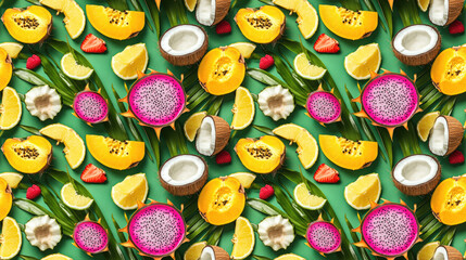 Obraz premium Seamless pattern featuring tropical exotic fruits including dragon fruit and coconut slices on a vibrant green background ideal for summer themed fabric and wallpaper design