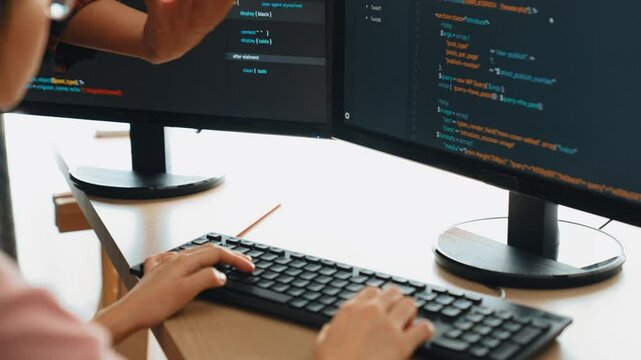 Back end or software developer manager supervising his team on new application program development on debugging and solving complex code algorithms on monitor. Burgeoning
