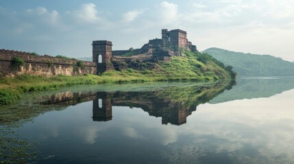 A serene reflection of an ancient fortress on a tranquil lake.