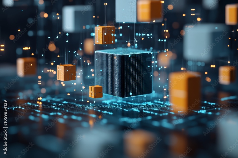 Poster floating cubes suspend dynamically in a digital network grid, connected by illuminated pathways repr