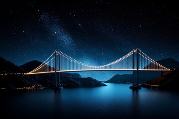 Obraz premium A beautifully glowing bridge stretches across a serene river under a brilliantly star-filled night sky, crafting a picturesque scene of elegance and wonder.