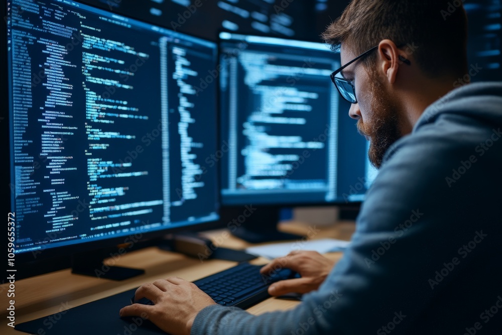 Poster a programmer uses multiple monitors, intensely focused on coding, surrounded by blue-hued light, rep