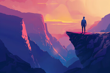 Fototapeta premium A silhouetted figure stands on a rocky outcrop, overlooking a breathtaking valley at sunset, enveloped in vibrant hues of purple and orange.
