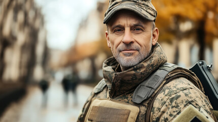 Obraz premium Man in military uniform standing outdoors, wearing camouflage clothing and cap, with blurred urban background. He appears focused and determined, showcasing middle-aged features.