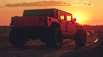 A red off-road vehicle drives through a field at sunset.