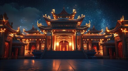 Obraz premium A grand, ornately decorated temple glows with warm light against a backdrop of a starry night sky.