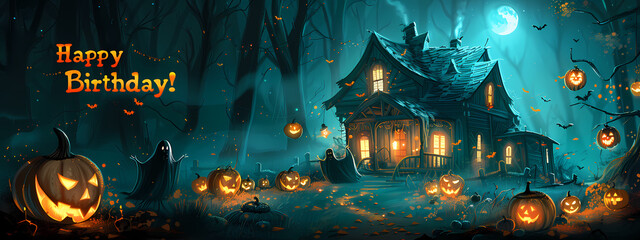 A spooky Halloween-themed birthday scene featuring a dark, mysterious house, glowing pumpkins, and a ghost, all under a full moon.