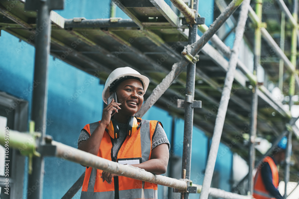 Poster building, construction and black woman with phone call, smile and communication in architecture. dev