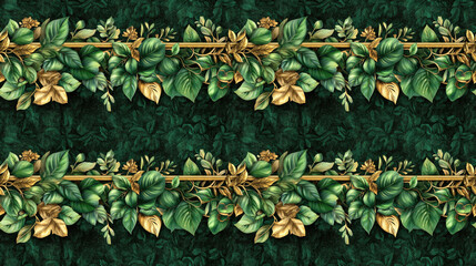 Seamless digital textile design featuring botanical green leaves adorned with elegant gold ornaments and geometric borders ideal for fabric printing and home decor