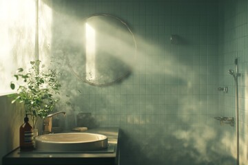 Foggy bathroom with moisture on tiles and mirror in a humid setting showcasing realistic textures and muted lighting