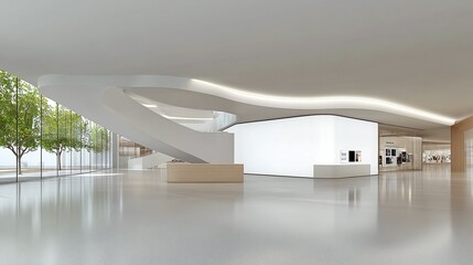 Minimalist Indoor Billboard at Shopping Mall A sleek, modern white billboard inside a shopping mall, surrounded by polished floors and glass walls.