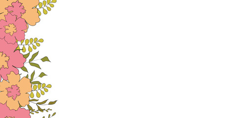 Obraz premium Hello spring banners collection. Background with color leaves, flowers. Nature concept design. Modern floral compositions in trendy flat simple style. Vector illustration for poster, greeting card