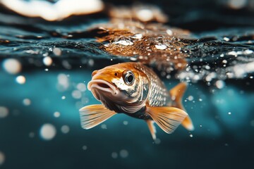 Obraz premium A vibrant fish swims near the water's surface, its scales shimmering under sunlight, surrounded by bubbles, showcasing aquatic beauty in pristine waters.