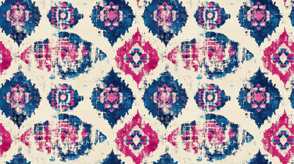 Vibrant seamless geometric grunge pattern featuring abstract Turkish ethnic designs in bright blue and pink on a light background perfect for wallpaper or textile applications