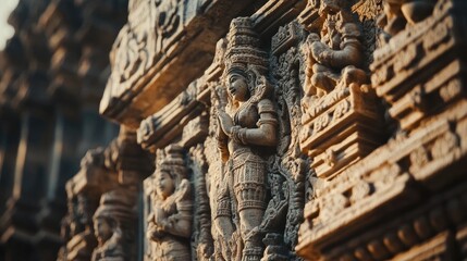 Obraz premium Intricate stone carvings adorn the facade of a temple, showcasing the artistry of ancient craftsmanship.