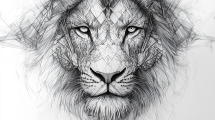 Intricate black and white sketch of a lion's face featuring geometric details and a tattoo style, emphasizing its majesty and power
