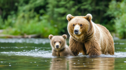 Obraz premium brown bear in water with bearcub, alaska wilderness, wild beauty, remote landscapes