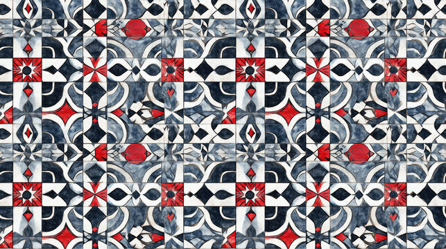 Seamless pattern of intricate Santorini block prints and Moroccan zelige with grey white and red geometric symmetry ideal for boho decor and textile design