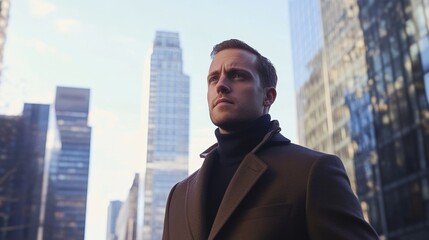 Fototapeta premium Confident businessman standing in a modern urban setting with skyscrapers towering under the clear sky during daylight hours