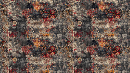Seamless textile pattern featuring intricately designed carpets and rugs with a grunge and distressed texture perfect for interior design applications