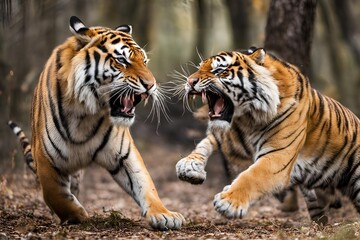Obraz premium Two Tigers Fighting in the Wild