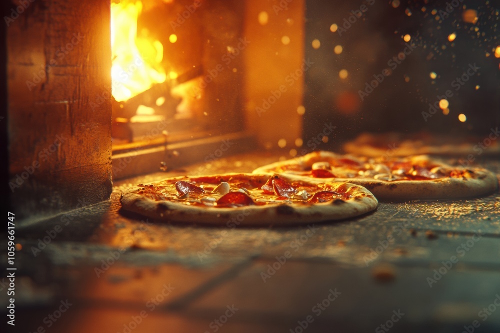 Aufkleber several pizzas are baking in a wood-fired oven, surrounded by vibrant flames, filling the air with t