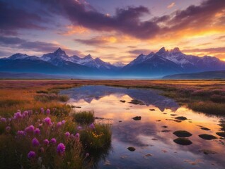 Obraz premium Mountains reflections in the water at sunset