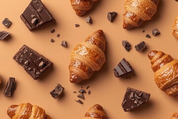 Golden croissants and chocolate squares are creatively arranged on a brown surface, highlighting a mix of classic bakery favorites and modern indulgence snacks.