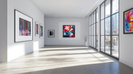 Obraz premium Contemporary art gallery showcasing vibrant framed artworks in a bright, minimalistic space during daylight hours