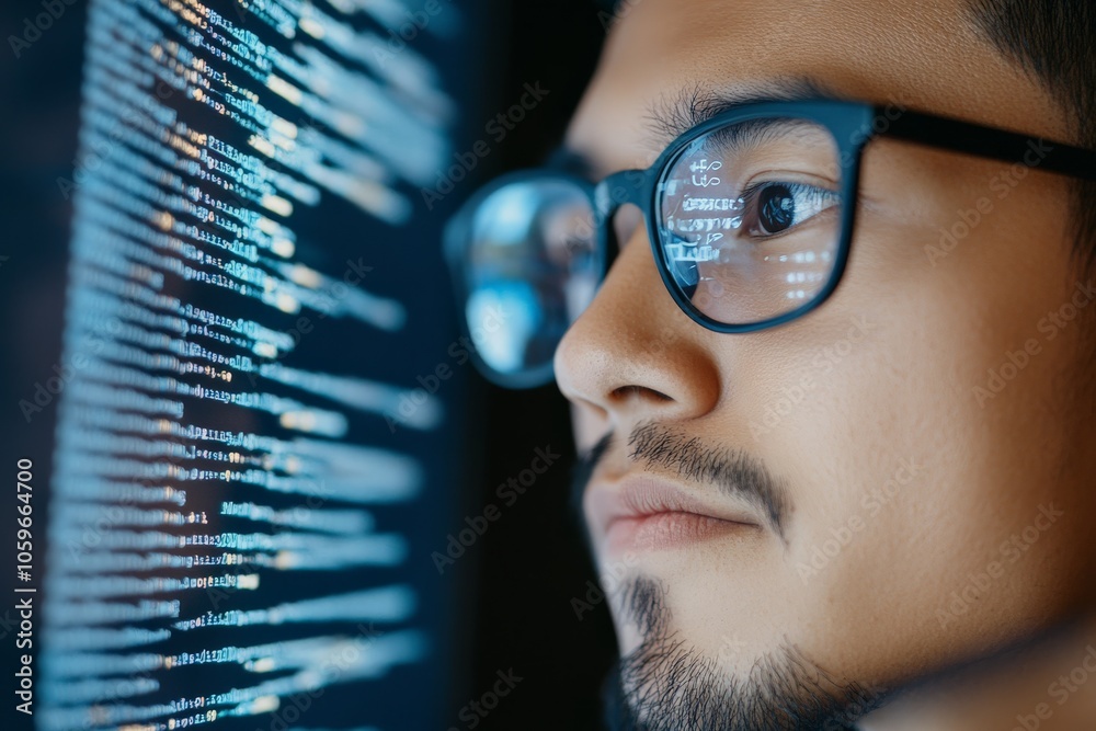 Poster a captivating image showing a man wearing glasses with a detailed reflection of programming code on 