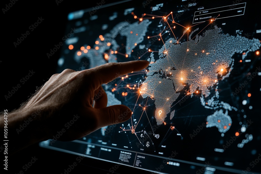 Poster an illuminated digital map with glowing network connections overlays a world map, emphasizing cybern
