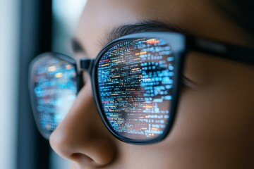A person focuses through glasses that reflect colorful code on a monitor, representing concentration, analytical thought, and the digital age's impact.