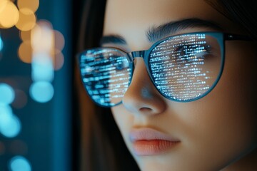 Person wearing glasses reflecting blue-tinted code represents the integration of digital skills in the workforce, showcasing technological adeptness and modern style.