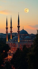 Fototapeta premium Illuminated Mosque Under Full Moon