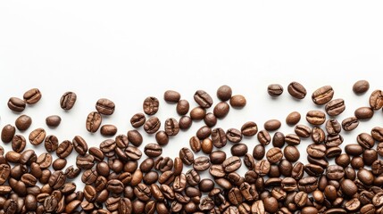 Naklejka premium Top view of roasted coffee beans on white background with copy space.