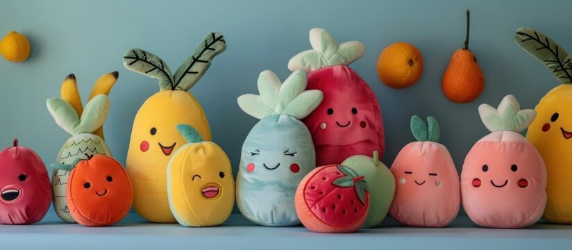 A charming and playful still life arrangement featuring a collection of soft cuddly plush toys designed in the shapes of various fruits and vegetables