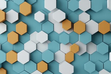 This image depicts a modern hexagonal tile design featuring a soothing blend of blue, yellow, and white tones, offering a chic and contemporary interior style.