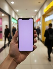 A person holding a smartphone with a blank screen in a shopping mall. The background is blurred, showing various stores and people walking