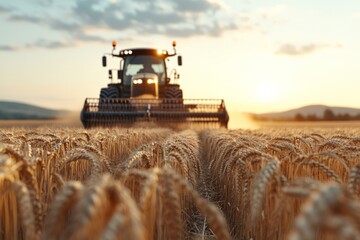 Fototapeta premium A tractor actively harvests golden wheat in expansive fields under a breathtaking sunset, symbolizing the bounty and hard work of agriculture in stunning visuals.