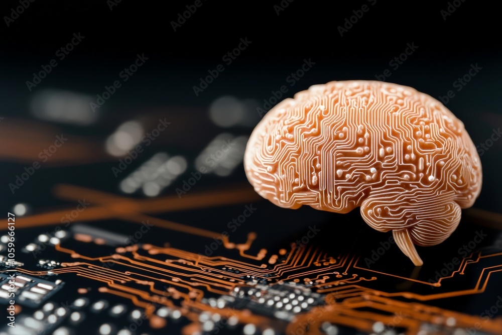 Poster an abstract brain model sends intricate patterns on a futuristic electronic circuit board, illustrat
