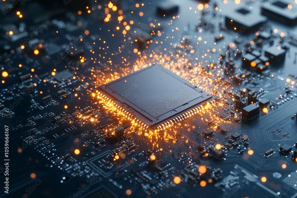 Poster a close-up view of a microchip on a circuit board sparking vibrant energy, representing innovation a