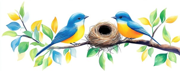 Fototapeta premium Birds nesting on a tree branch flat design side view springtime theme watercolor Triadic Color Scheme