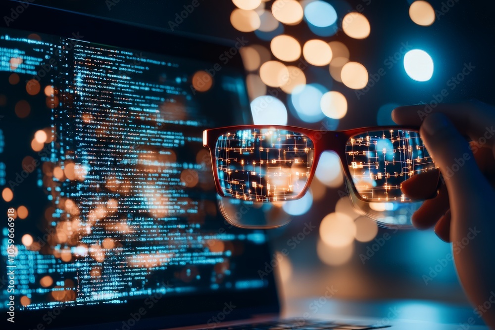 Poster glasses reflecting computer code with a backdrop of warm bokeh lights, capturing the essence of codi