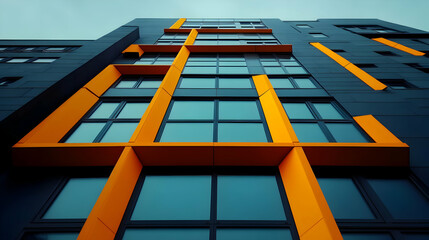 Obraz premium Modern Building Facade with Orange and Black Geometric Design - Illustration
