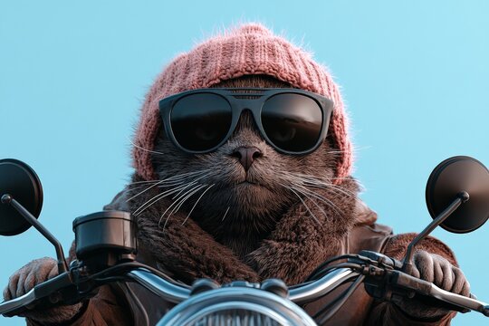A cool seal dressed in a brown jacket, sunglasses, and a pink beanie hat, confidently riding a motorcycle, exuding a sense of freedom and adventure.