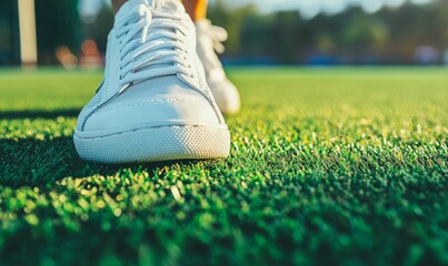 A close-up image showing a tennis shoe stepping on the baseline of a grass court