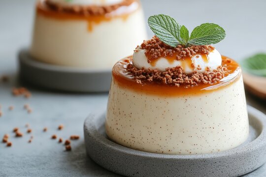 This image showcases a creamy dessert with a glossy caramel topping, garnished with fresh mint leaves, served on a gray plate, representing indulgence and culinary delight.