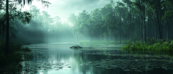 Fototapeta premium Paysage panoramique d'un bayou mystérieux dans le brouillard