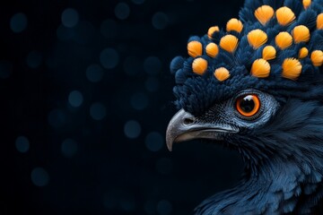 Obraz premium A striking blue bird is seen with a vibrant orange crown made of circular patterns set against a dark background, highlighting the contrast and unique plumage.